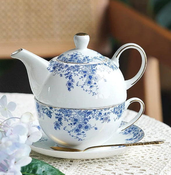 Mother and Baby Teapot with Matching Saucer British Style Porcelain Teapot with Matching Cup and Saucer in Gift Box, Ceramic Tea Pot with Integrated Cup, Stackable Teapot and Cup Set-Paintingforhome