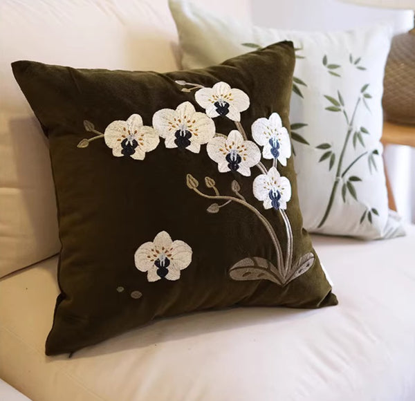 Large Decorative Pillows for Couch, Dark Olive Green Embroidered Moth Orchid Cushion, Decorative Pillow Arrangement Ideas for Couch, Living Room Decorative Pillows, Modern Throw Pillows for Bedroom-Paintingforhome