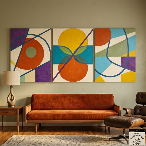 Abstract Paintings for Mid Century Modern Living Room, Multi Panel Canvas Art, Geometric Pattern Contemporary Artwork