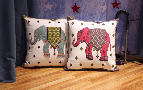 Elephant Embroider Cotton Pillow Covers, Farmhouse Decorative Sofa Pillows, Cotton Decorative Pillows, Decorative Throw Pillows for Couch-Paintingforhome