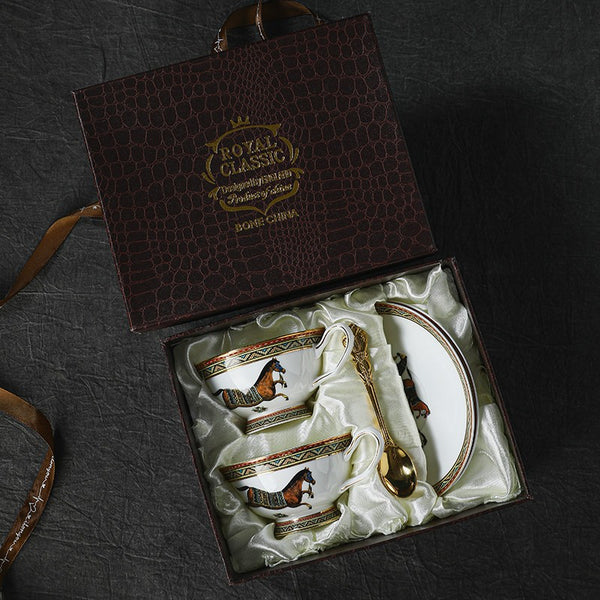 Porcelain Tea Cup and Saucer Set, 7.4 oz British Horse Pattern Coffee Cup with Saucer, Ceramic Tea Cup and Saucer in Gift Box-Paintingforhome