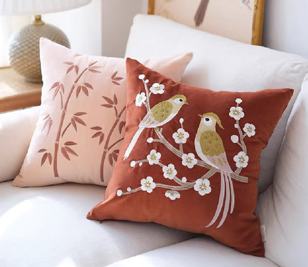 Modern Throw Pillows for Bedroom, Decorative Pillows for Couch, Vintage Decorative Pillows, Embroidered Birds Cushion, Decorative Pillow Arrangement Ideas for Couch-Paintingforhome
