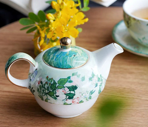 Vintage Style Stackable Tea Pot Set, English Style Tea Pot and Cup Set, Ceramic Tea Pot with Integrated Cup, Mother-and-Baby Teapot with Matching Saucer-Paintingforhome