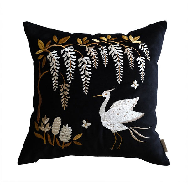 Decorative Pillow Arrangement Ideas for Bed, Embroidered Egret Cushion, Vintage Decorative Pillows, Luxury Decorative Pillows for Couch, Modern Throw Pillows for Couch-Paintingforhome