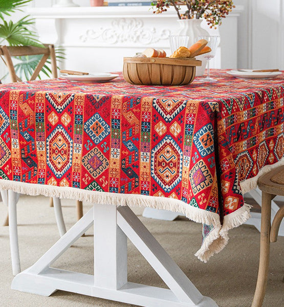 Oriental Red Rectangular Table Covers for Coffee Table, Bohemian Rectangular Tablecloth for Oval Table, Large Modern Linen Tablecloths-Paintingforhome