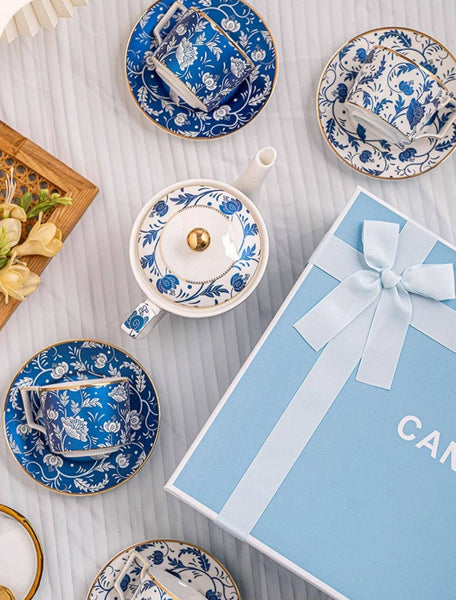 Unique British Traditional Afternoon Tea Cup Set with Teapot, 8 oz Ceramic Coffee Cup with Saucer Set of 4 cups in Gift Box, Blue Porcelain Tea Cup and Saucer Set-Paintingforhome