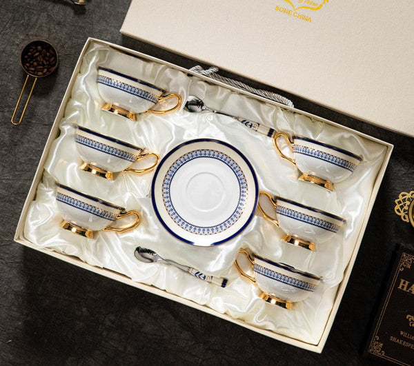 Blue Porcelain Tea Cup Saucer Set, Elegant British Ceramic Coffee Cups, Unique British Tea Cup and Saucer in Gift Box-Paintingforhome