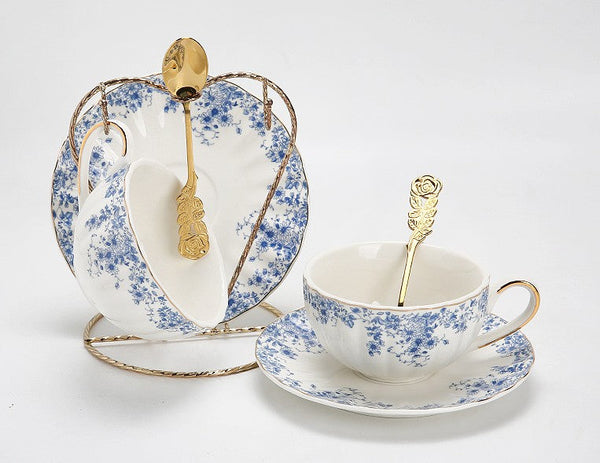 Blue Porcelain Tea Cup Saucer Set, British Royal Ceramic Cups for Traditional Afternoon Tea, Unique Blue Tea Cup and Saucer in Gift Box, Elegant Ceramic Coffee Cups-Paintingforhome