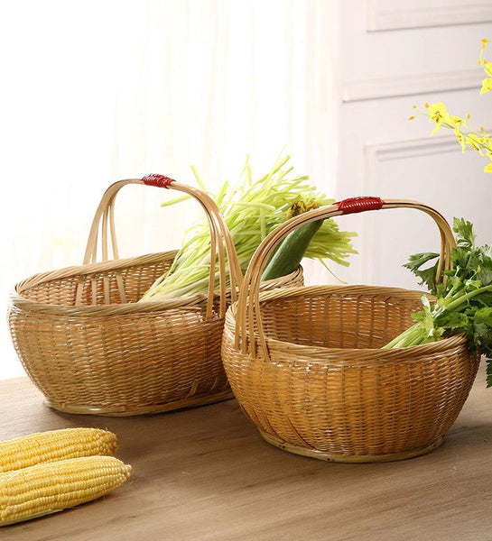 Natural Hand-woven Bamboo Basket, Natural Fruit Basket Kitchen Storage Baskets, Extra Large Picnic Food Basket with Handle, Lovely Bamboo Baskets for Vegetable-Paintingforhome
