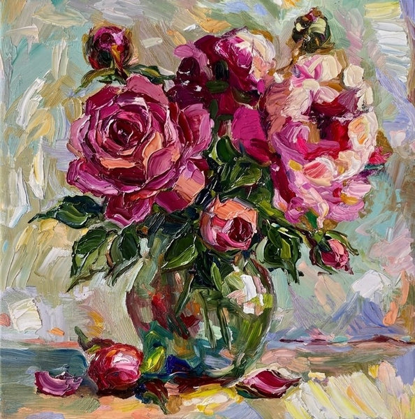 Hand Painted Canvas Art, Rose Flowers in Full Bloom, Impasto Heavy Texutre Art, Still Life Painting, Small Canvas Artwork, Original Flower Paintings