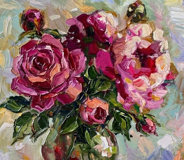 Rose Flowers in Full Bloom, Impasto Heavy Texutre Art, Still Life Painting, Small Canvas Artwork, Original Flower Paintings