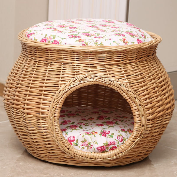 Rattan Cat Bed, Wicker Cat House Basket with Washable Cushion for Indoor Cats and Dogs-Paintingforhome