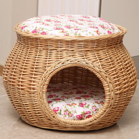 Rattan Cat Bed, Wicker Cat House Basket with Washable Cushion for Indoor Cats and Dogs-Paintingforhome