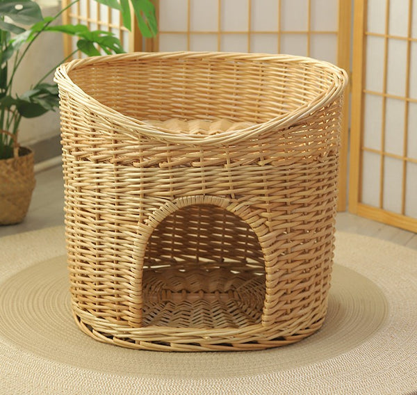 Washable Wicker Cat Bed, Wicker Cat House with Washable Cushion for Indoor Cats and Dogs-Paintingforhome