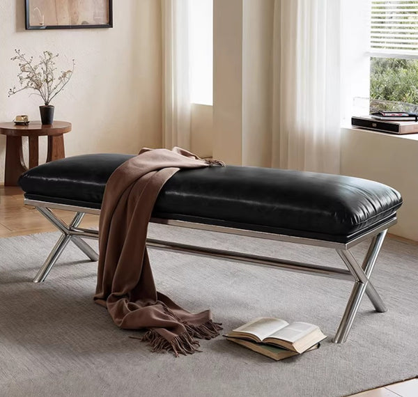 Modern Shoe Changing Ottoman, Mid-Century Hall Bench, Luxury Genuine Leather Entry Bench, Upholstered Shoe Bench, Contemporay Bedroom Bench, Narrow Entryway Bench-Paintingforhome