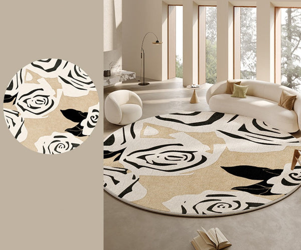 Abstract Contemporary Rugs for Bedroom, Modern Round Rugs under Coffee Table, Circular Rugs for Dining Table, Modern Cream Color Rugs for Living Room-Paintingforhome