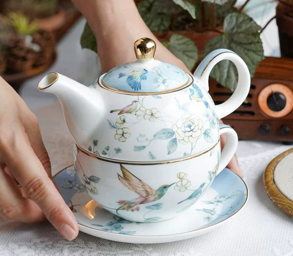 Stackable Teapot and Cup Set, Ceramic Tea Pot with Integrated Cup, Porcelain Teapot with Matching Cup and Saucer in Gift Box, Mother-and-Baby Teapot with Matching Saucer-Paintingforhome