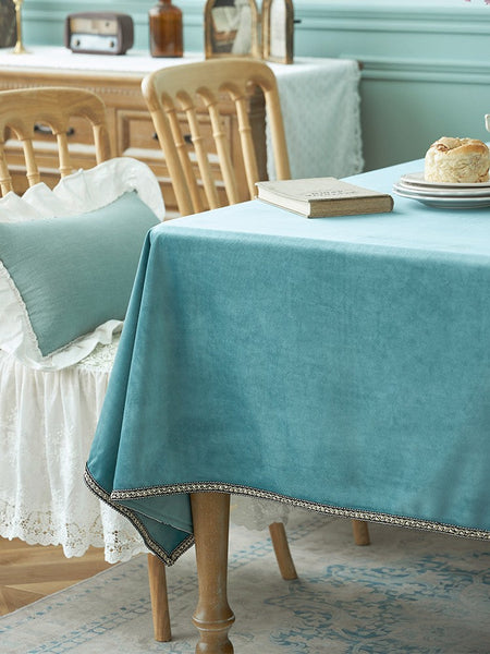 Ramie Velvet Rectangle Tablecloth for Home Decoration, Blue Square Tablecloth for Round Table, Modern Blue Table Cloth for Dining Room Table-Paintingforhome