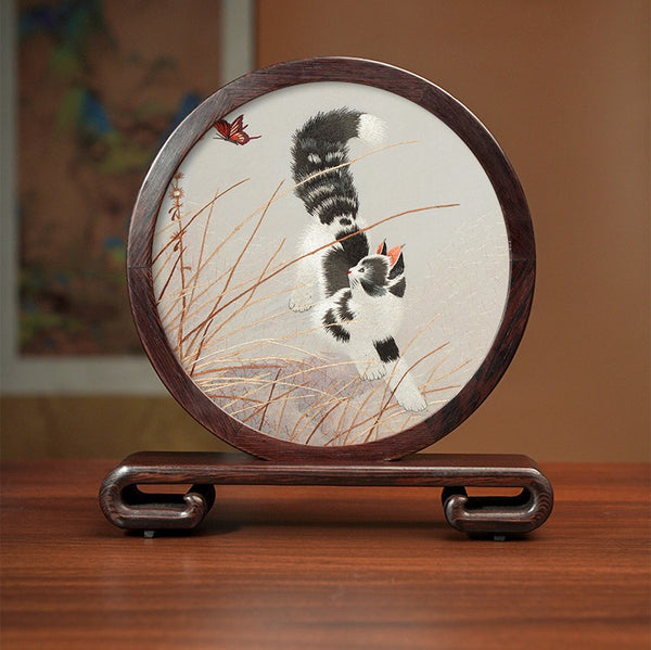 Unique Birthday Gift, Traditional Chinese Suzhou Kitten Embroidery Ornament, Lovely Kitty Cat Embroidered Decor, Premium Souvenir, Exclusive Business Present-Paintingforhome