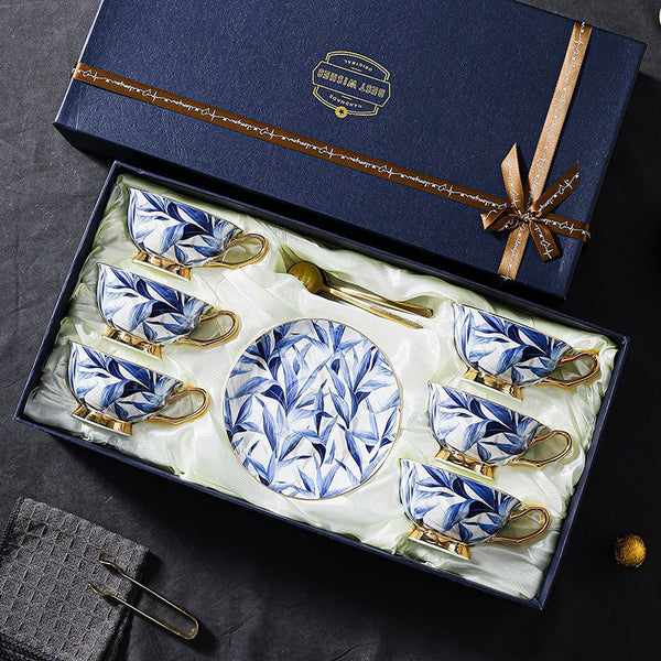 Unique British Tea Cup and Saucer in Gift Box, Blue Porcelain Tea Cup Saucer Set, 7.4 oz British Ceramic Coffee Cups-Paintingforhome