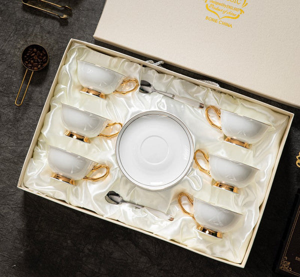 White Ceramic Cups, Elegant British Ceramic Coffee Cups, 7.8 oz Porcelain Tea Cup Saucer Set, Unique Tea Cup and Saucer in Gift Box-Paintingforhome