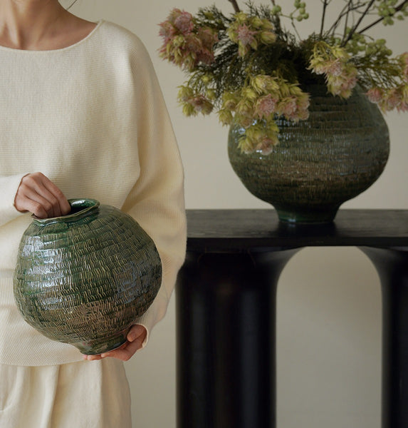 Centerpiece Ceramic Bouquet Vases, Green Porcelain Vases for Modern Home Decor, Large Contemporary Vases on Dining Table, Handmade Modern Flower Vase-Paintingforhome