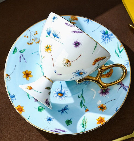 Elegant British Ceramic Coffee Cup with Saucer, 6.8 oz Tea Cup and Saucer Set in Gift Box, Floral Porcelain Tea Cup and Saucer Set, Flower Ceramic Tea Cup and Saucer-Paintingforhome