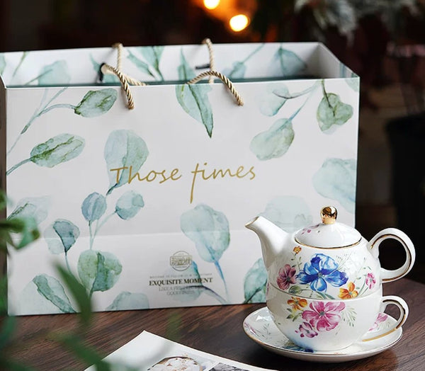 Ceramic Tea Pot with Integrated Cup, Stackable Teapot and Cup Set, Porcelain Teapot with Matching Cup and Saucer in Gift Box, Mother and Baby Teapot with Matching Saucer-Paintingforhome