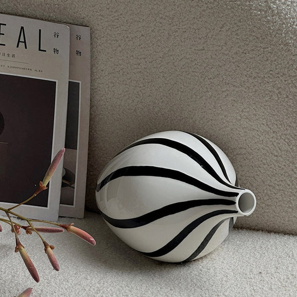 Water Holding Flower Vases, Black and White Striped Ceramic Vase, Porcelain Flower Vases, Modern Flower Vases on Table-Paintingforhome