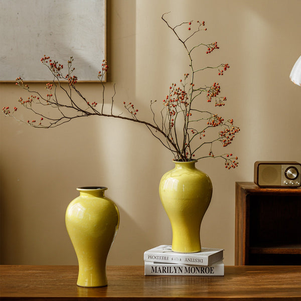 Porcelain Flower Vases, Handmade Water Holding Flower Vase, Yellow Flower Vases on Table, Ceramic Bud Vases-Paintingforhome