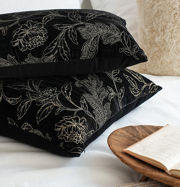 Contemporary Modern Sofa Pillows, Black Embroidery Flower Pattern Pillows for Couch, Decorative Throw Pillows for Bedroom, Large Modern Sofa Pillow for Dining Room-Paintingforhome