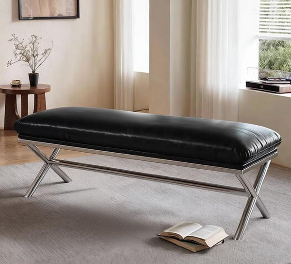 Modern Shoe Changing Ottoman, Mid-Century Hall Bench, Luxury Genuine Leather Entry Bench, Upholstered Shoe Bench, Contemporay Bedroom Bench, Narrow Entryway Bench-Paintingforhome