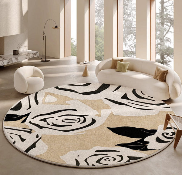 Abstract Contemporary Rugs for Bedroom, Modern Round Rugs under Coffee Table, Circular Rugs for Dining Table, Modern Cream Color Rugs for Living Room-Paintingforhome