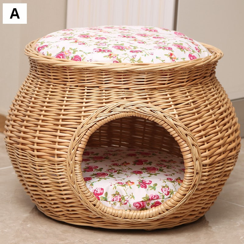 Wicker Cat House Basket with Washable Cushion for Indoor Cats and Dogs, Rattan Cat Bed-Paintingforhome