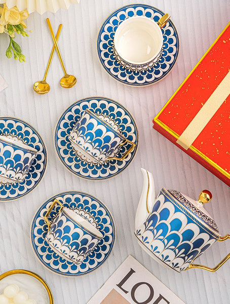 Porcelain Tea Cup and Saucer Set of 4 cups, Blue Tea Cup and Saucer Set with Teapot in Gift Box, 7.4 oz Modern Ceramic Coffee Cups for Office-Paintingforhome