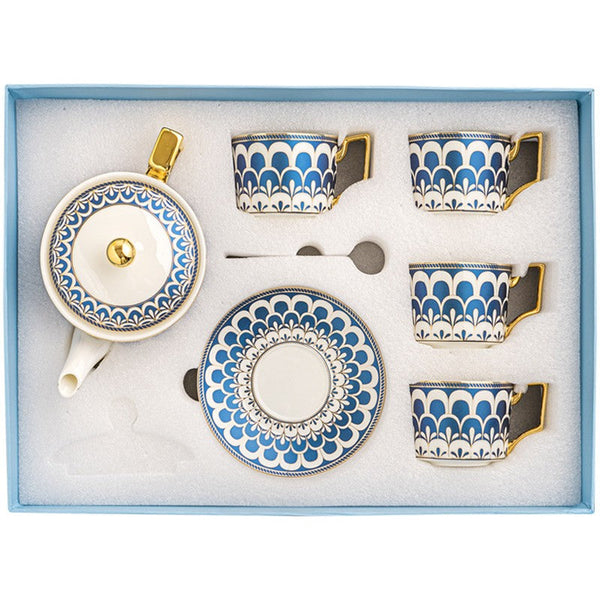 Porcelain Tea Cup and Saucer Set of 4 cups, Blue Tea Cup and Saucer Set with Teapot in Gift Box, 7.4 oz Modern Ceramic Coffee Cups for Office-Paintingforhome