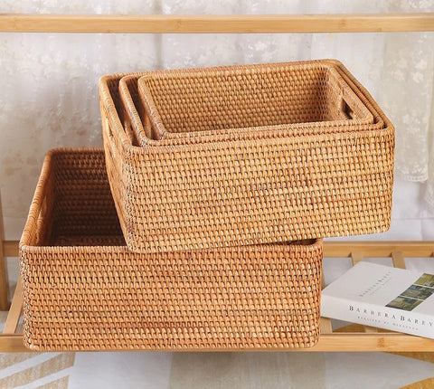 Woven Rattan Storage Baskets for Bedroom, Storage Basket for Shelves, Large Rectangular Storage Baskets for Clothes, Storage Baskets for Kitchen-Paintingforhome