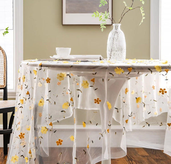 Yellow Flower Lace Tablecloths, Extra Large Rectangular Tablecloth for Oval Table, Lace Embroidered Table Covers, Rectangular Table Covers for Coffee Table-Paintingforhome
