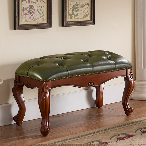 Dressing Table Stool, Vintage Blue Leather Stool, Genuine Leather Solid Wood Entry Bench, Rubber Wood Footstool, Farmhouse Entryway Bench, Leather Lounge Chair Modern-Paintingforhome