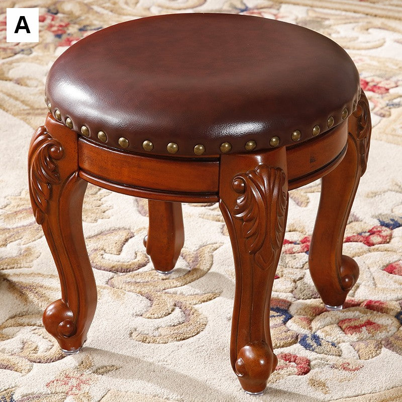 Solid Wood Ottoman, Rubberwood Entry Bench, Vanity Stool, Genuine Leather Solid Wood Entry Bench, Vintage Round Stool-Paintingforhome
