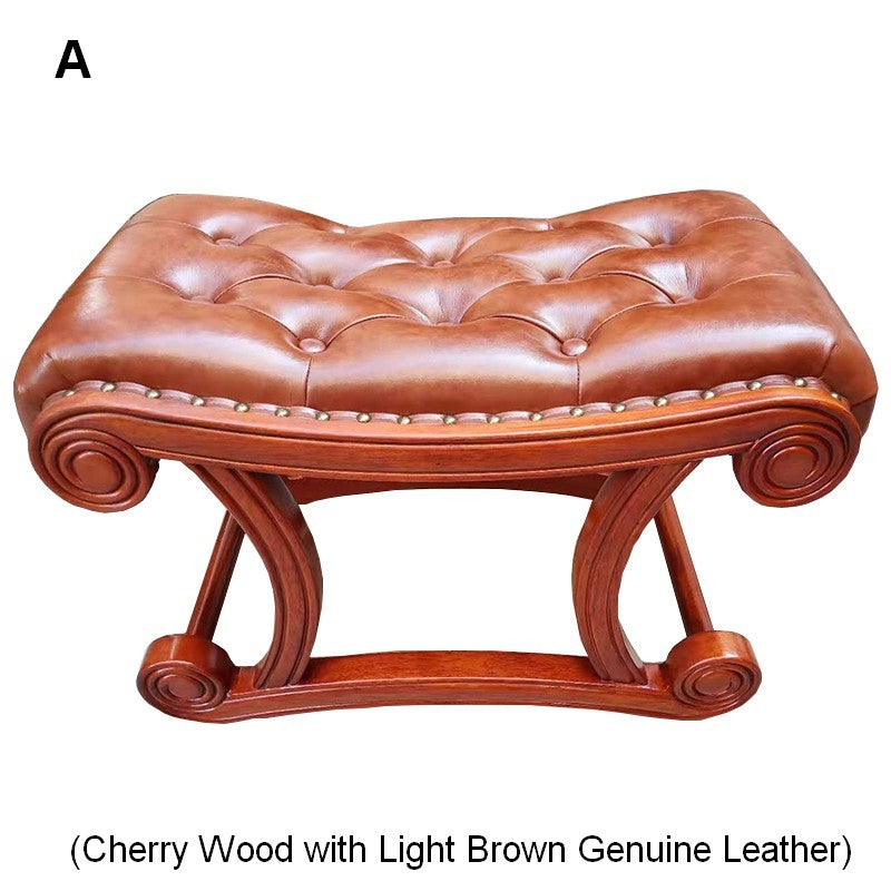 Cherry Wood Footstool, Vintage Leather Stool, Genuine Leather Solid Wood Entry Bench, Long Bench, Vanity Stool, Dressing Table Stool-Paintingforhome
