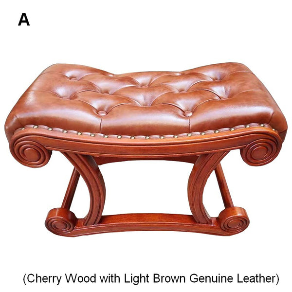 Cherry Wood Footstool, Vintage Leather Stool, Genuine Leather Solid Wood Entry Bench, Long Bench, Vanity Stool, Dressing Table Stool-Paintingforhome