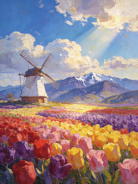 Sunlit Tulips, Windmill by the Hills, On Canvas Small Paintings, Hand Painted Canvas Art, Original Artwork Small Paintings on Wall, Landscape Oil Paintings-Paintingforhome