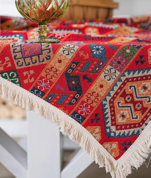 Oriental Red Rectangular Table Covers for Coffee Table, Bohemian Rectangular Tablecloth for Oval Table, Large Modern Linen Tablecloths-Paintingforhome