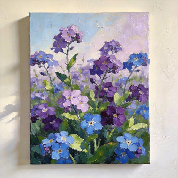 Original Flower Paintings, Hand Painted Canvas Art, Wild Purple Blue Forget-me-nots in Bloom, Small Canvas Wall Art Paintings, Original Oil Paintings-Paintingforhome