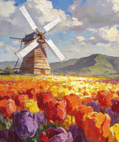 Heavy Texture Oil Paintings, On Canvas Small Paintings, Windmills Amidst a Sea of Blooming Tulips, Hand Painted Canvas Art, Original Small Paintings, Landscape Oil Paintings-Paintingforhome