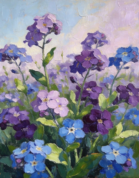 Original Flower Paintings, Hand Painted Canvas Art, Wild Purple Blue Forget-me-nots in Bloom, Small Canvas Wall Art Paintings, Original Oil Paintings-Paintingforhome
