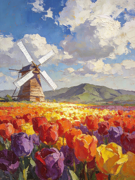 Heavy Texture Oil Paintings, On Canvas Small Paintings, Windmills Amidst a Sea of Blooming Tulips, Hand Painted Canvas Art, Original Small Paintings, Landscape Oil Paintings-Paintingforhome