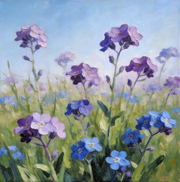 Original Small Canvas Artwork, Purple and Blue Forget-me-nots Blooming Wild, Buy Small Artwork Online, Still Life Painting, Original Flower Paintings, Hand Painted Canvas Art-Paintingforhome