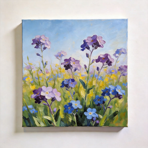 Small Canvas Artwork, Purple and Blue Forget-me-nots Blooming Wild, Buy Small Artwork Online, Hand Painted Canvas Art, Still Life Painting, Original Flower Paintings-Paintingforhome